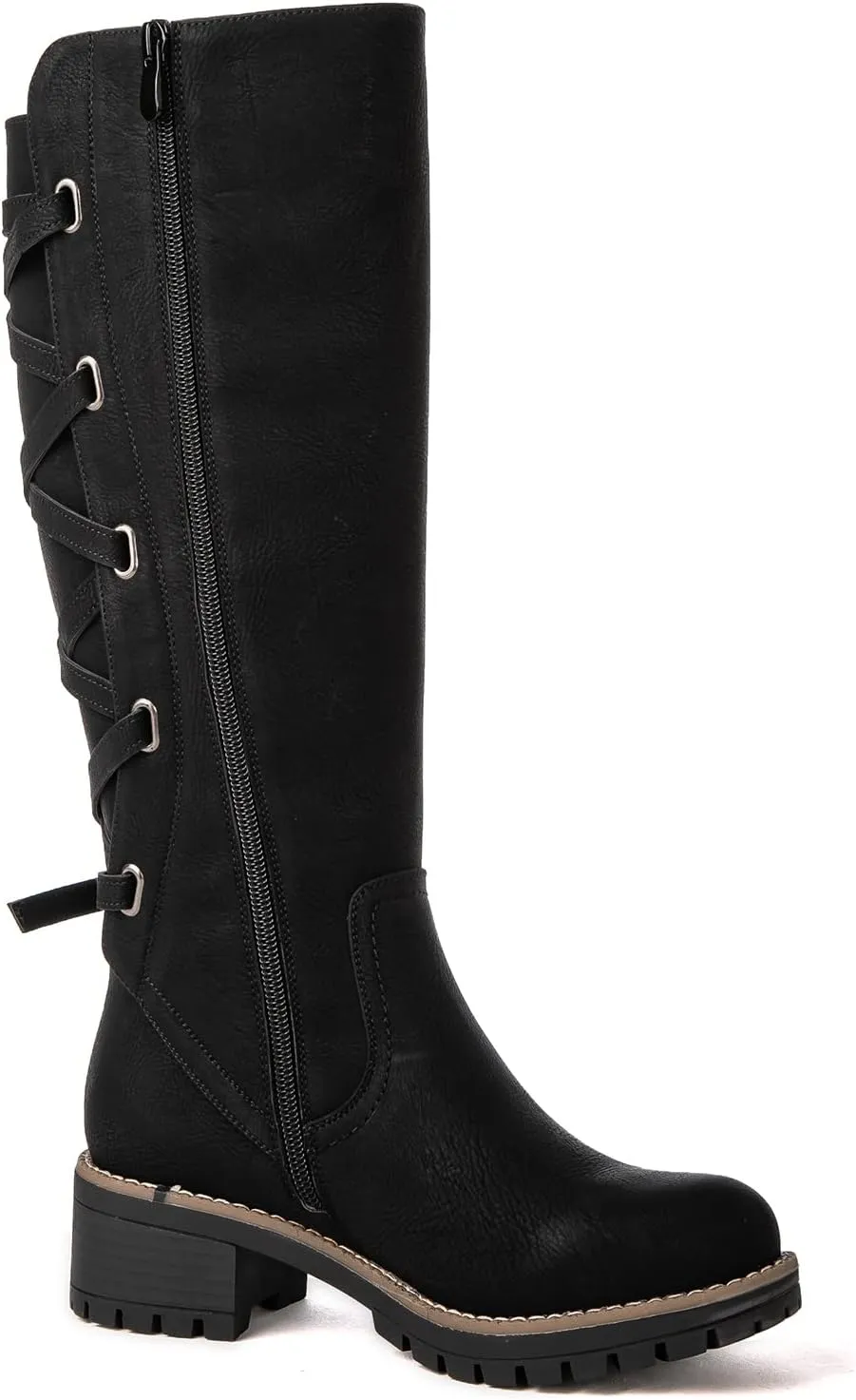 GLOBALWIN Women's Strappy Motorcycle Knee High Boots Riding Boots Back Lace Up Fall Winter Fashion Knee High Boots For Women