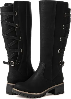 GLOBALWIN Women's Strappy Motorcycle Knee High Boots Riding Boots Back Lace Up Fall Winter Fashion Knee High Boots For Women
