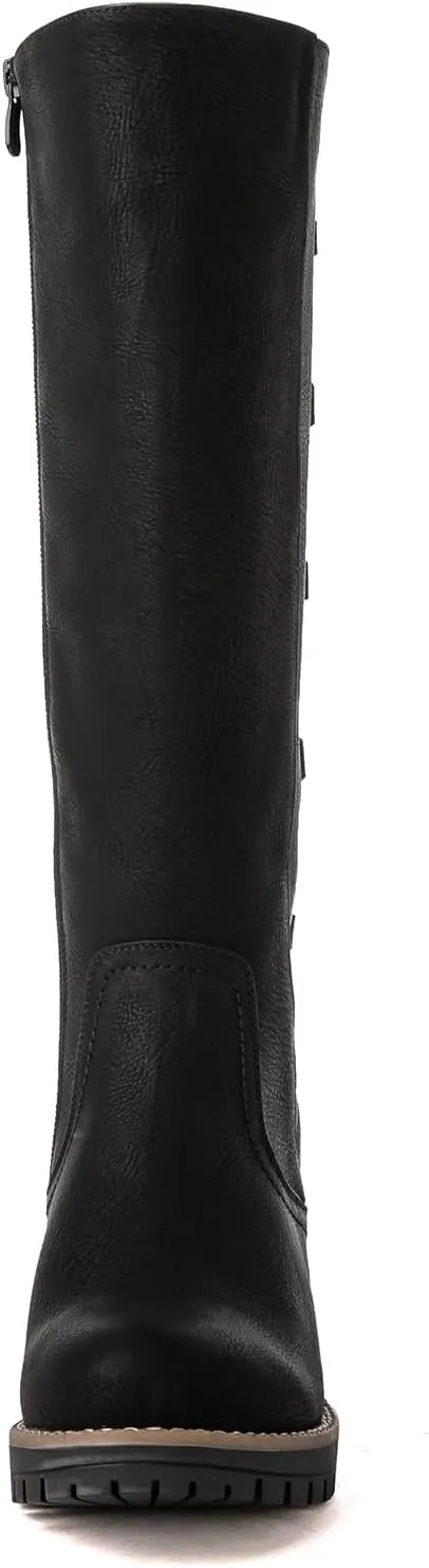 GLOBALWIN Women's Strappy Motorcycle Knee High Boots Riding Boots Back Lace Up Fall Winter Fashion Knee High Boots For Women