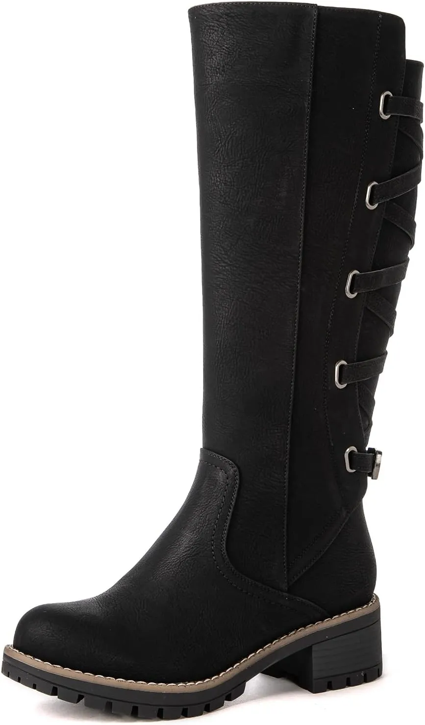 GLOBALWIN Women's Strappy Motorcycle Knee High Boots Riding Boots Back Lace Up Fall Winter Fashion Knee High Boots For Women