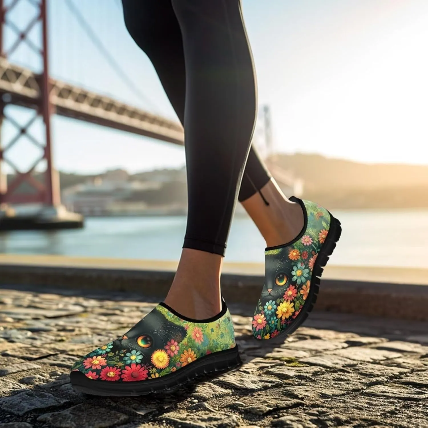 GOSTONG Floral Art Sneakers for Women Comfy Soft Sole Non Slip Walking Sneakers for Outdoor Travel Easy Slip on Lightweight Indoor Loafers Black US 5.5-11.5