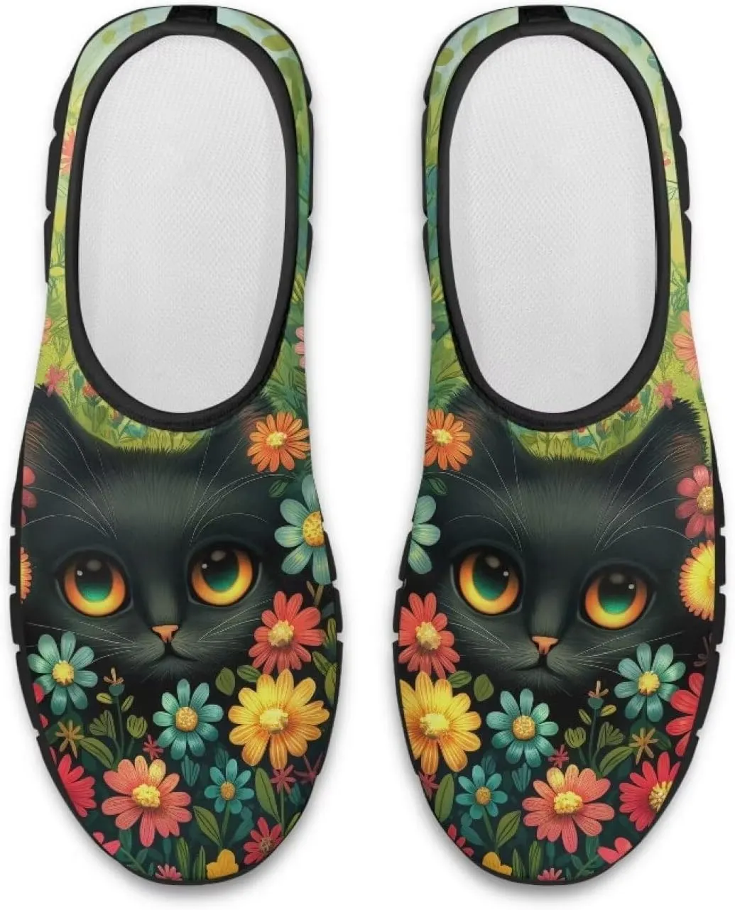 GOSTONG Floral Art Sneakers for Women Comfy Soft Sole Non Slip Walking Sneakers for Outdoor Travel Easy Slip on Lightweight Indoor Loafers Black US 5.5-11.5