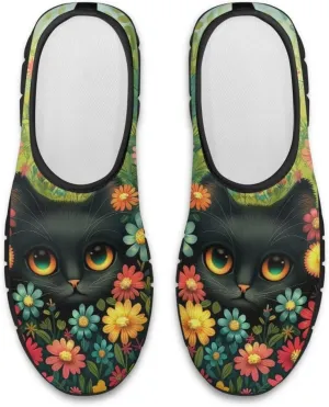 GOSTONG Floral Art Sneakers for Women Comfy Soft Sole Non Slip Walking Sneakers for Outdoor Travel Easy Slip on Lightweight Indoor Loafers Black US 5.5-11.5