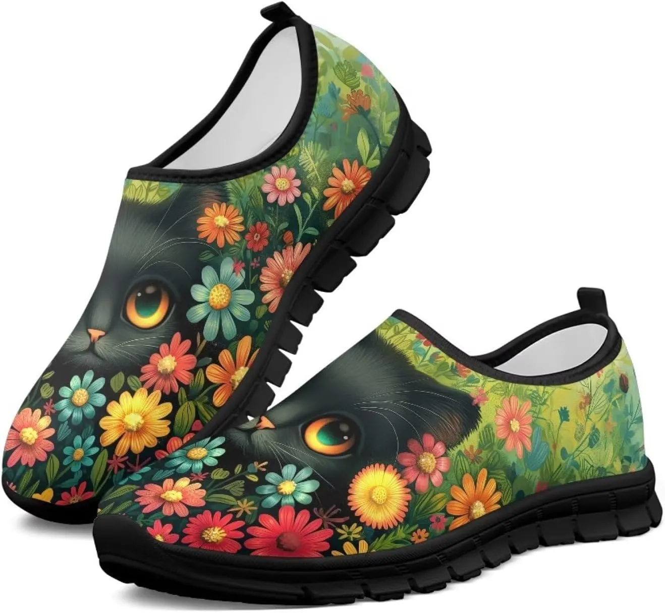 GOSTONG Floral Art Sneakers for Women Comfy Soft Sole Non Slip Walking Sneakers for Outdoor Travel Easy Slip on Lightweight Indoor Loafers Black US 5.5-11.5