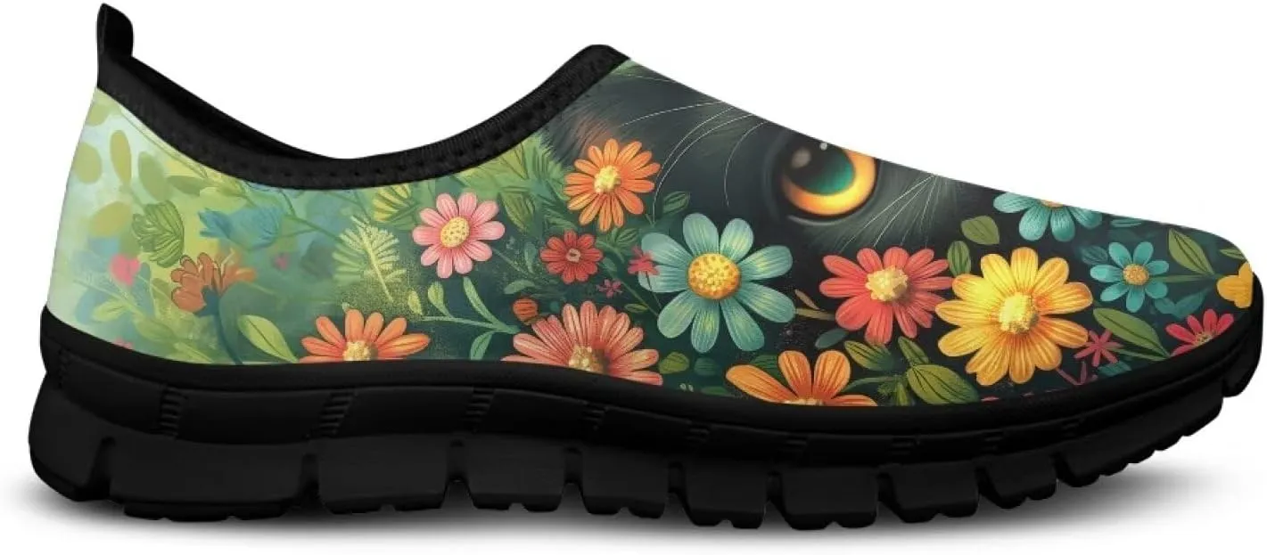 GOSTONG Floral Art Sneakers for Women Comfy Soft Sole Non Slip Walking Sneakers for Outdoor Travel Easy Slip on Lightweight Indoor Loafers Black US 5.5-11.5