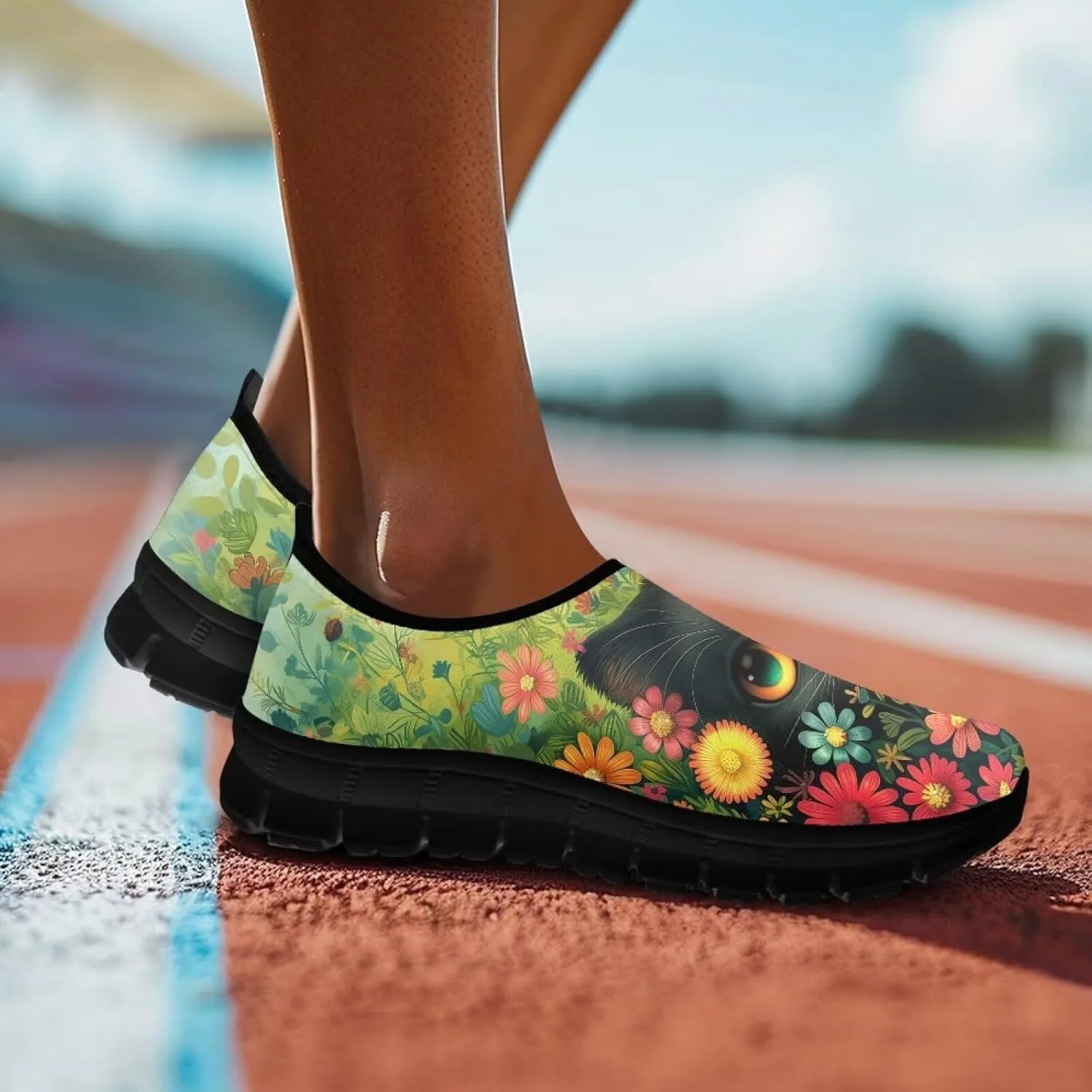 GOSTONG Floral Art Sneakers for Women Comfy Soft Sole Non Slip Walking Sneakers for Outdoor Travel Easy Slip on Lightweight Indoor Loafers Black US 5.5-11.5