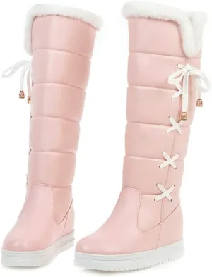 GUNIYIFS Winter Snow Boots for Women Waterproof Knee High Boots Women Wide Calf Platform Lace Up Fur Lined Warm Pink Boots