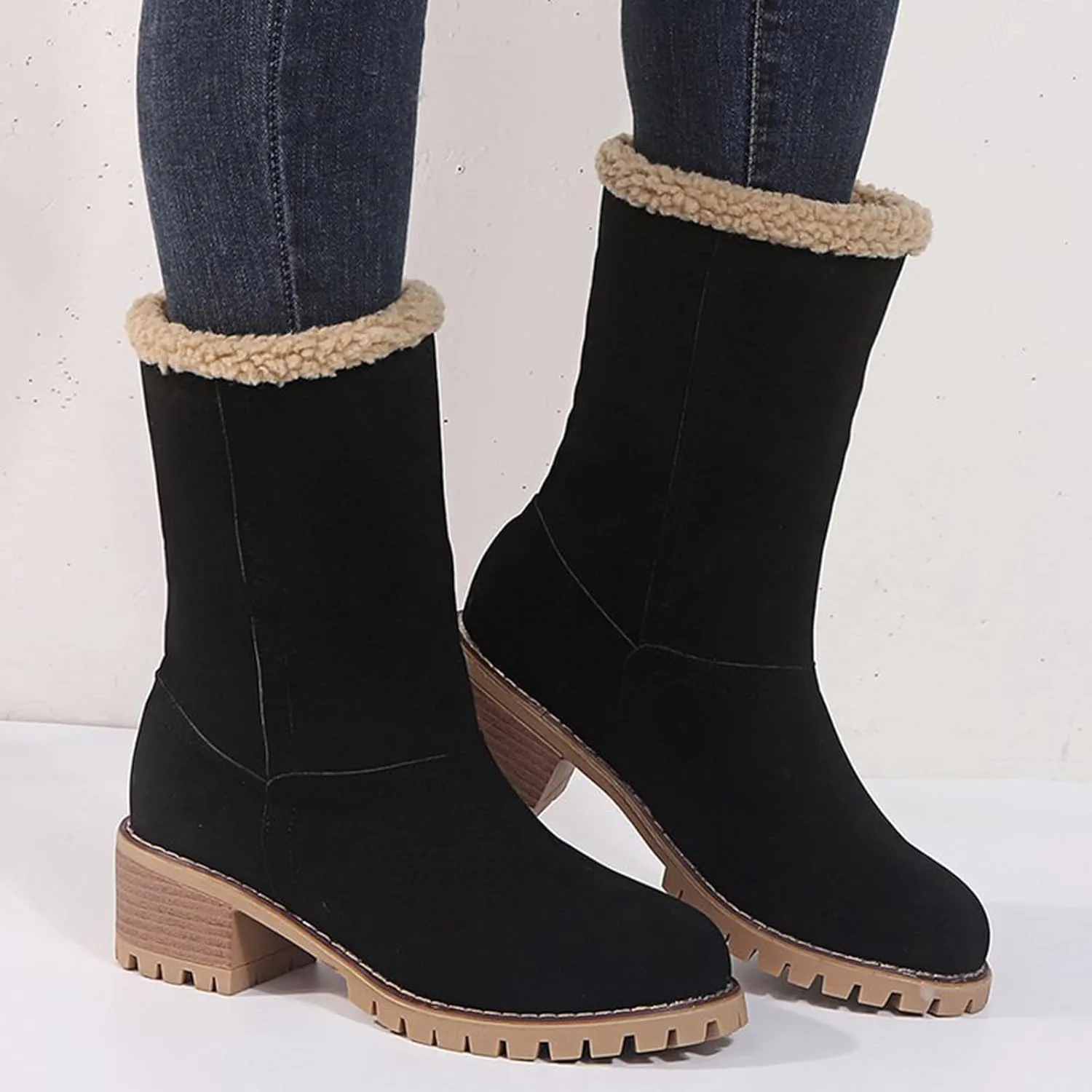GUNIYIFS Womens Winter Snow Boots Chunky Heel Winter Boots Comfortable Slip On Suede Warm Snow Ankle Boots Outdoor Shoes