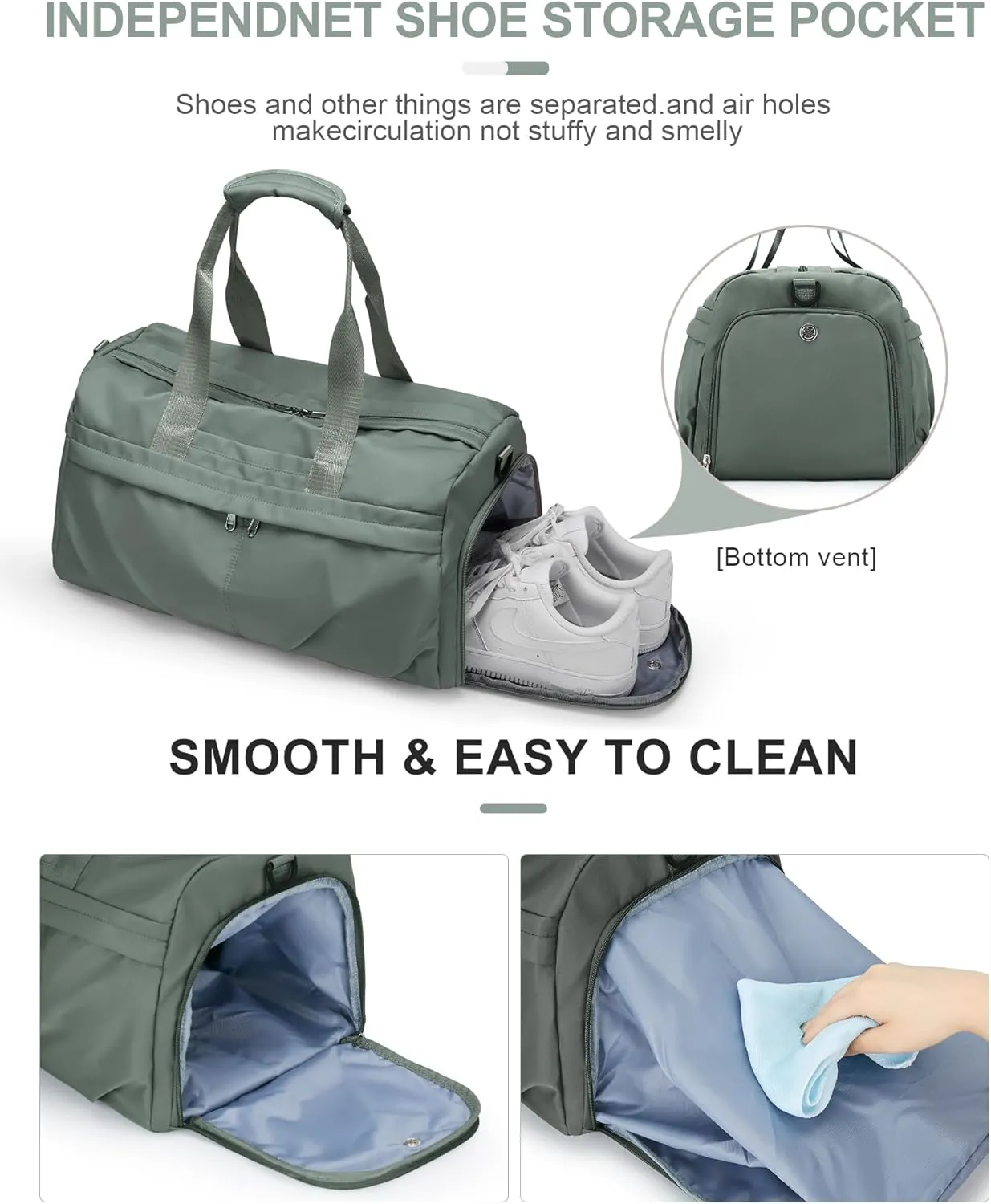 Gym Bag for Women Men with Shoe Compartment, Sport Duffel Bag, Waterproof Travel Weekender Overnight Carry on Bag for Yoga with Trolley Sleeve, Green