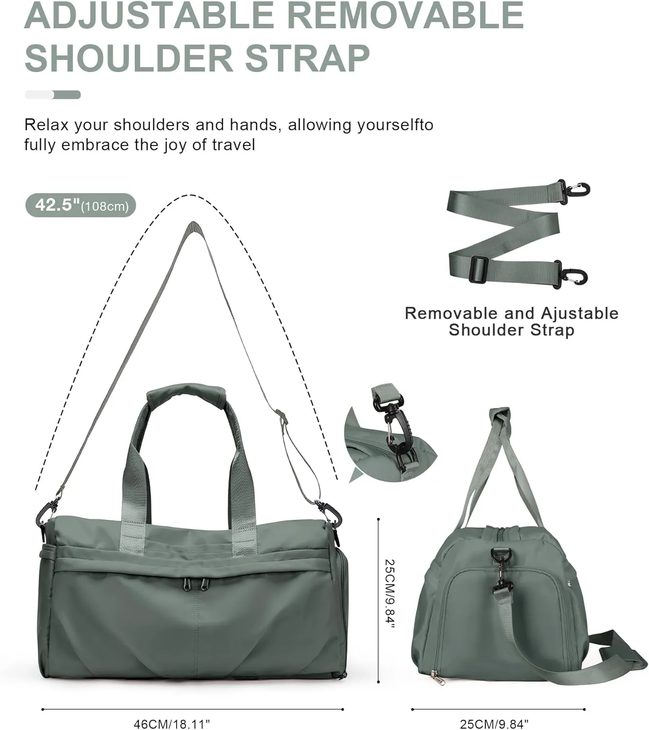 Gym Bag for Women Men with Shoe Compartment, Sport Duffel Bag, Waterproof Travel Weekender Overnight Carry on Bag for Yoga with Trolley Sleeve, Green