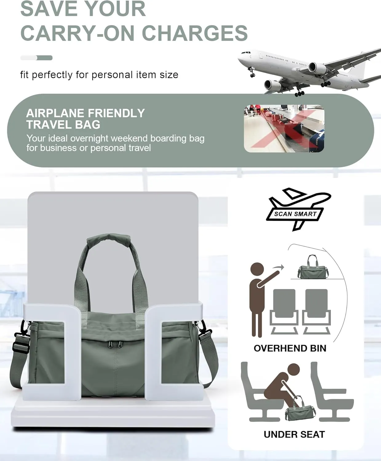 Gym Bag for Women Men with Shoe Compartment, Sport Duffel Bag, Waterproof Travel Weekender Overnight Carry on Bag for Yoga with Trolley Sleeve, Green