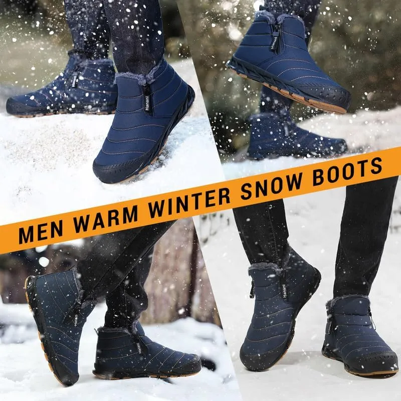 Hanani Mens Snow Boots Waterproof Winter Boots for Men Fur Lined Warm Ankle Boots Zipper Closure Slip on Outdoor Boot Comfortable Walking Shoes