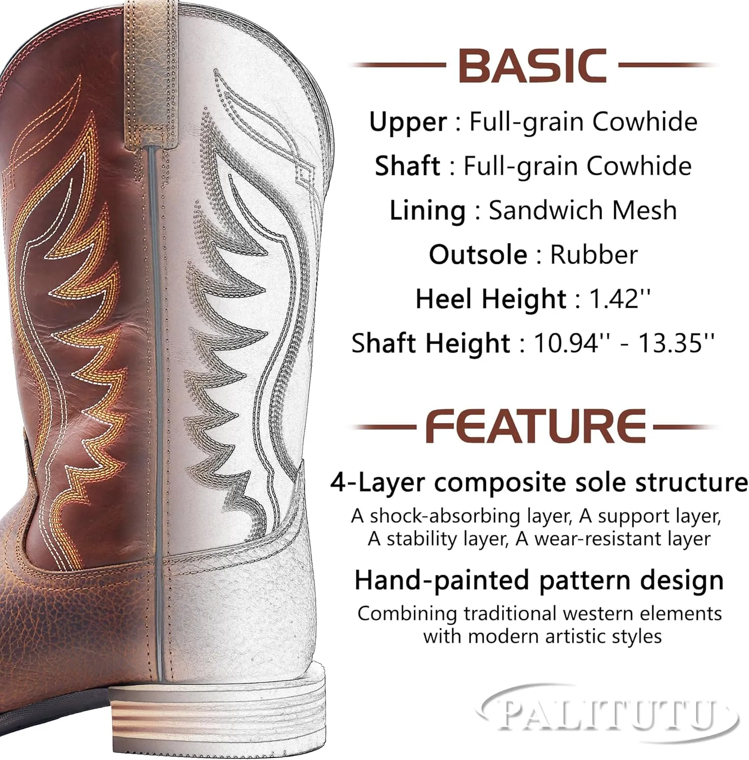 Hand Painted Western Cowboy Boots, Full Grain Cowhide Upper & Shaft, 4-Layer Composite Sole(PLT103601)