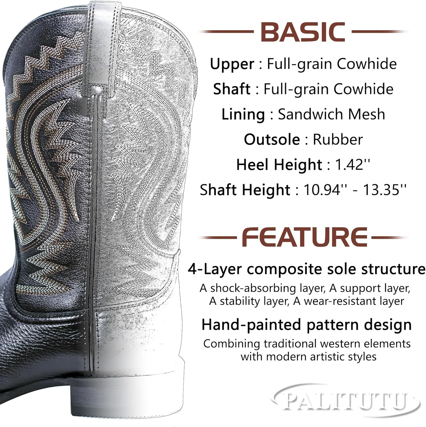 Hand Painted Western Cowboy Boots, Full Grain Cowhide Upper & Shaft, 4-Layer Composite Sole(PLT103613)