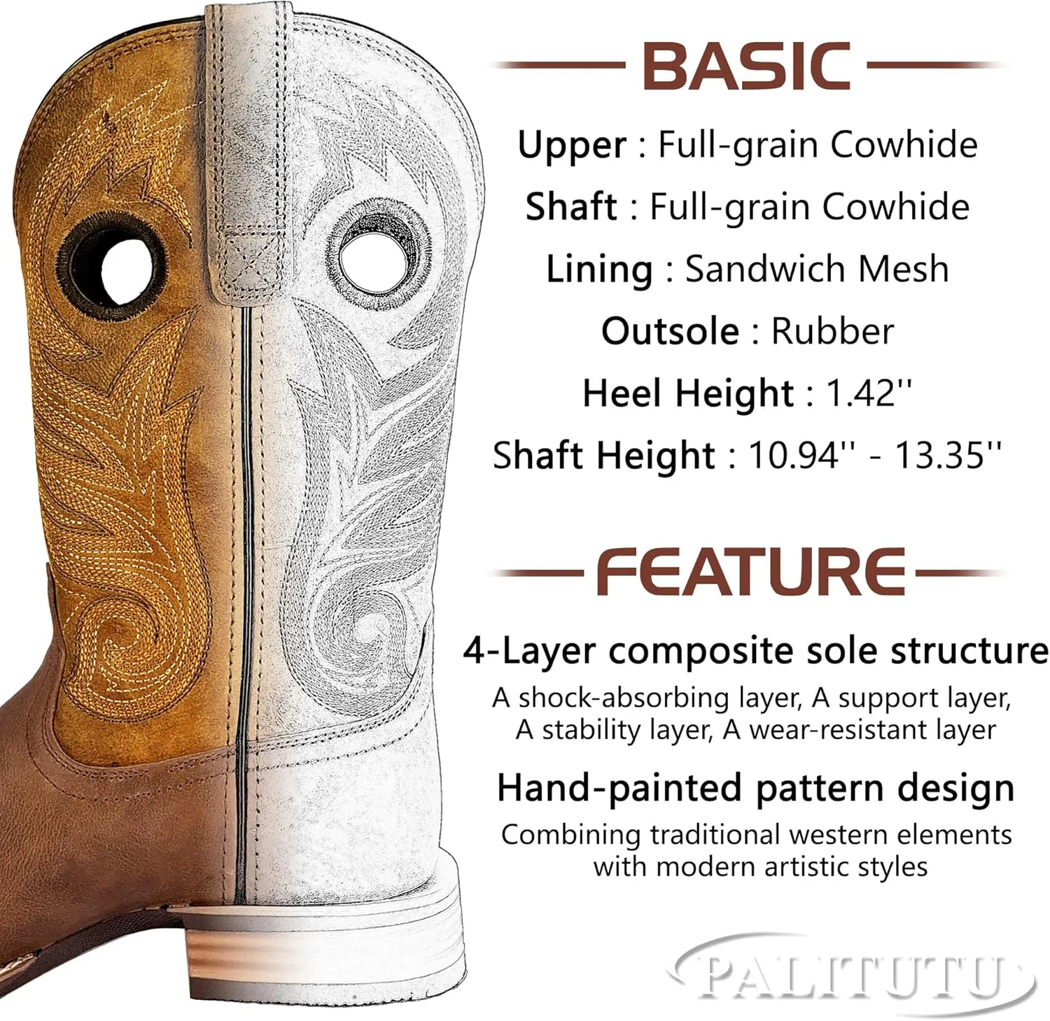 Hand Painted Western Cowboy Boots, Full Grain Cowhide Upper & Shaft, 4-Layer Composite Sole(PLT103614)