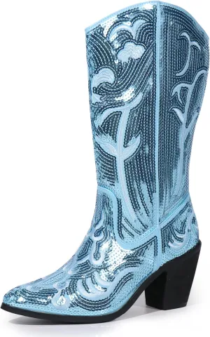 Hawkwell Women's Sequin Mid Calf Western Cowboy Boots Wide Calf High Fashion Zipper Pointed Toe Embroidered Tall Cowgirl Boots