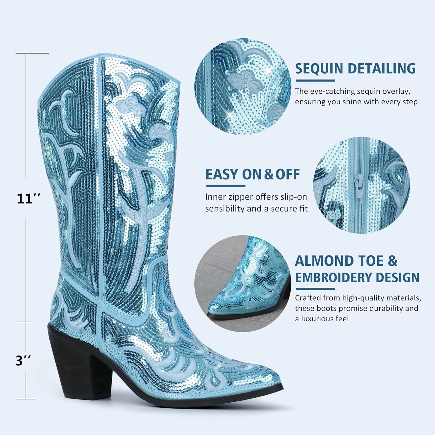 Hawkwell Women's Sequin Mid Calf Western Cowboy Boots Wide Calf High Fashion Zipper Pointed Toe Embroidered Tall Cowgirl Boots