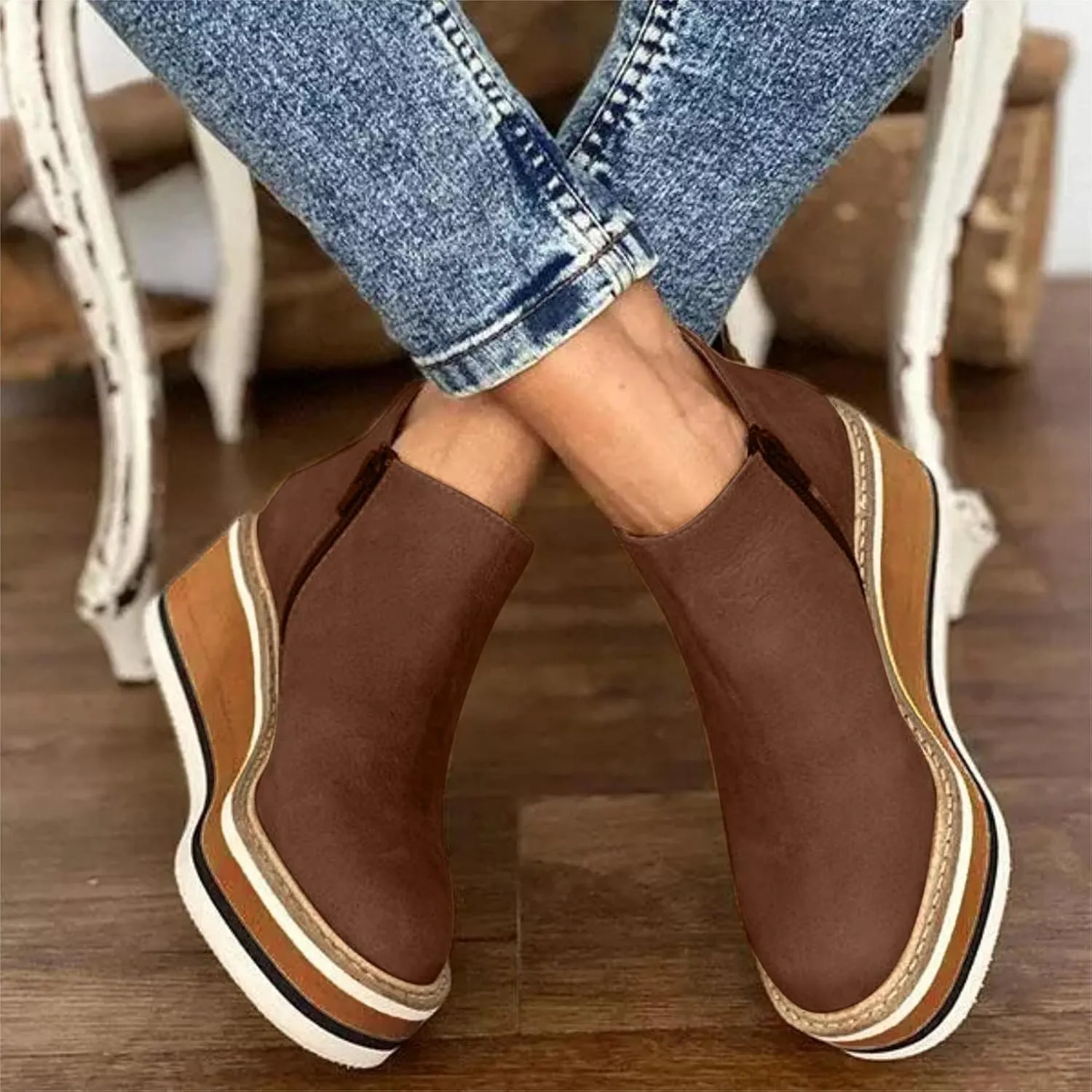 Hbeylia Platform Wedge Ankle Booties For Women Ladies Fashion Casual Leather Round Toe Chunky Bottom High Heels Ankle Boots High Top Fashion Sneakers Walking Shoes Winter Fall Dress Short Boots