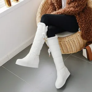 HINDOLA Women's Winter Warm Knee High Down Snow Boots Fur Lined Waterproof Cross-Tied Hidden Wedges Platform Boots