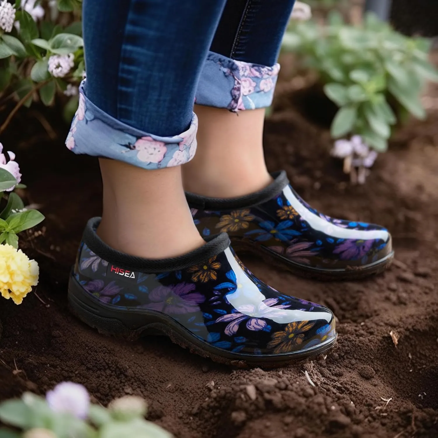 HISEA Waterproof Garden Shoe for Women Outdoor Slip-On Rain Boots Rubber Rain Shoes Short Ankle Booties and Garden Clogs with Comfort Insole