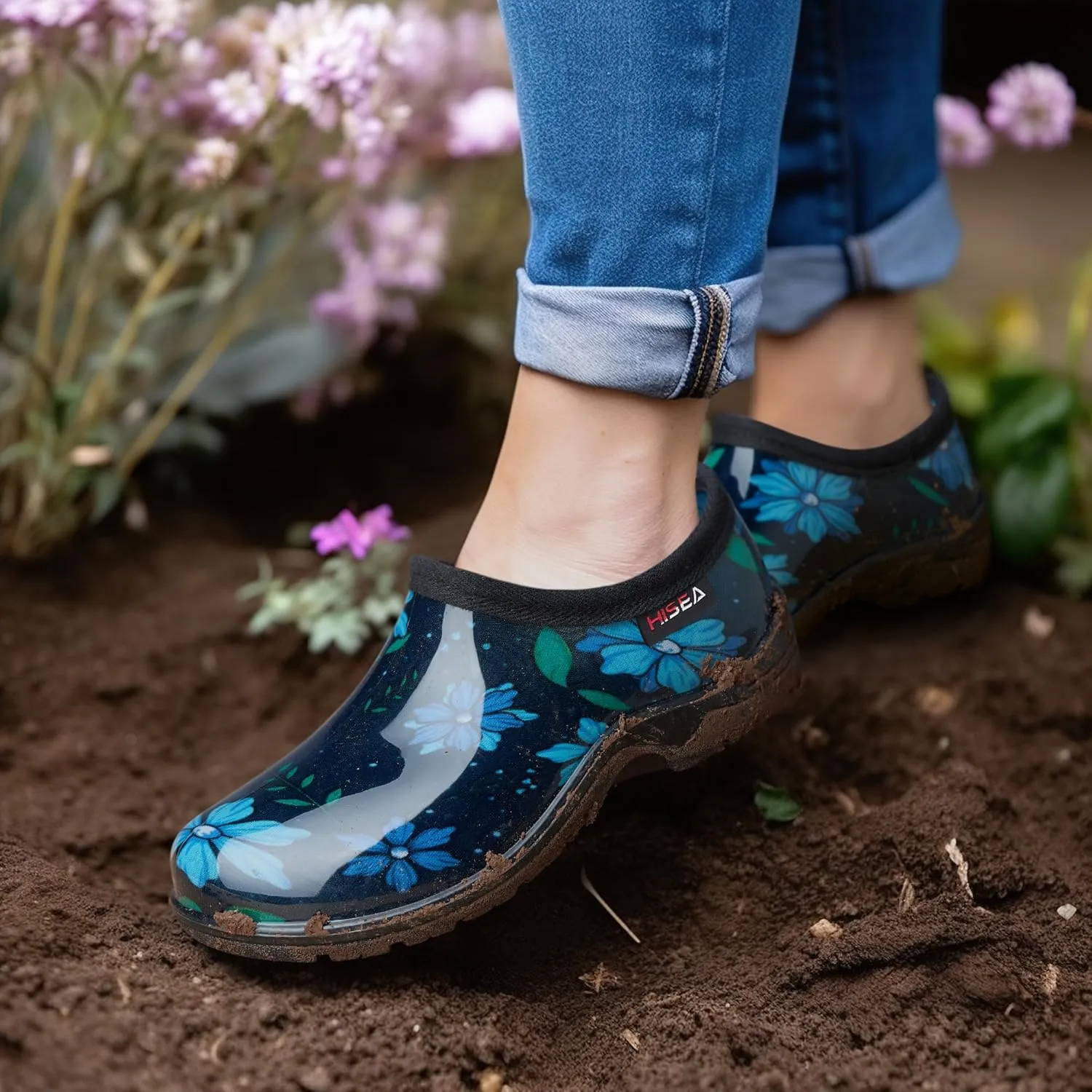 HISEA Waterproof Garden Shoe for Women Outdoor Slip-On Rain Boots Rubber Rain Shoes Short Ankle Booties and Garden Clogs with Comfort Insole