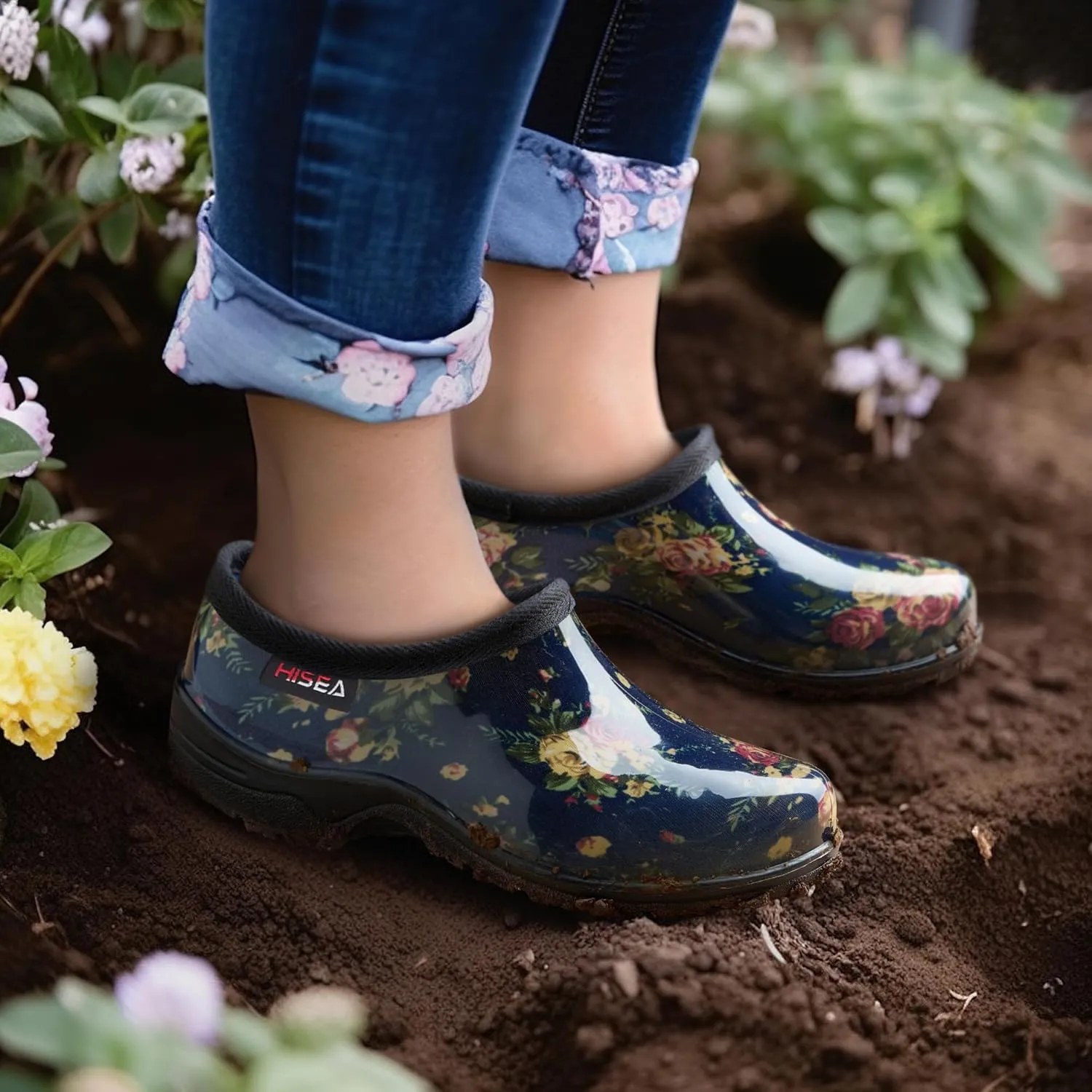 HISEA Waterproof Garden Shoe for Women Outdoor Slip-On Rain Boots Rubber Rain Shoes Short Ankle Booties and Garden Clogs with Comfort Insole