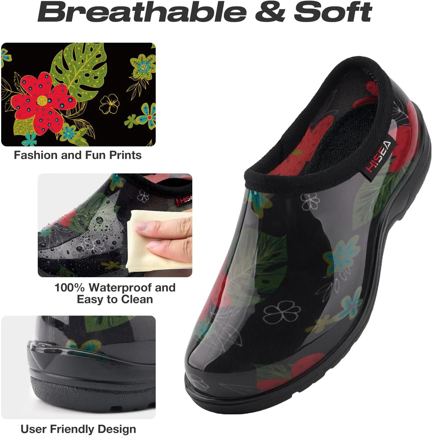 HISEA Waterproof Garden Shoe for Women Outdoor Slip-On Rain Boots Rubber Rain Shoes Short Ankle Booties and Garden Clogs with Comfort Insole