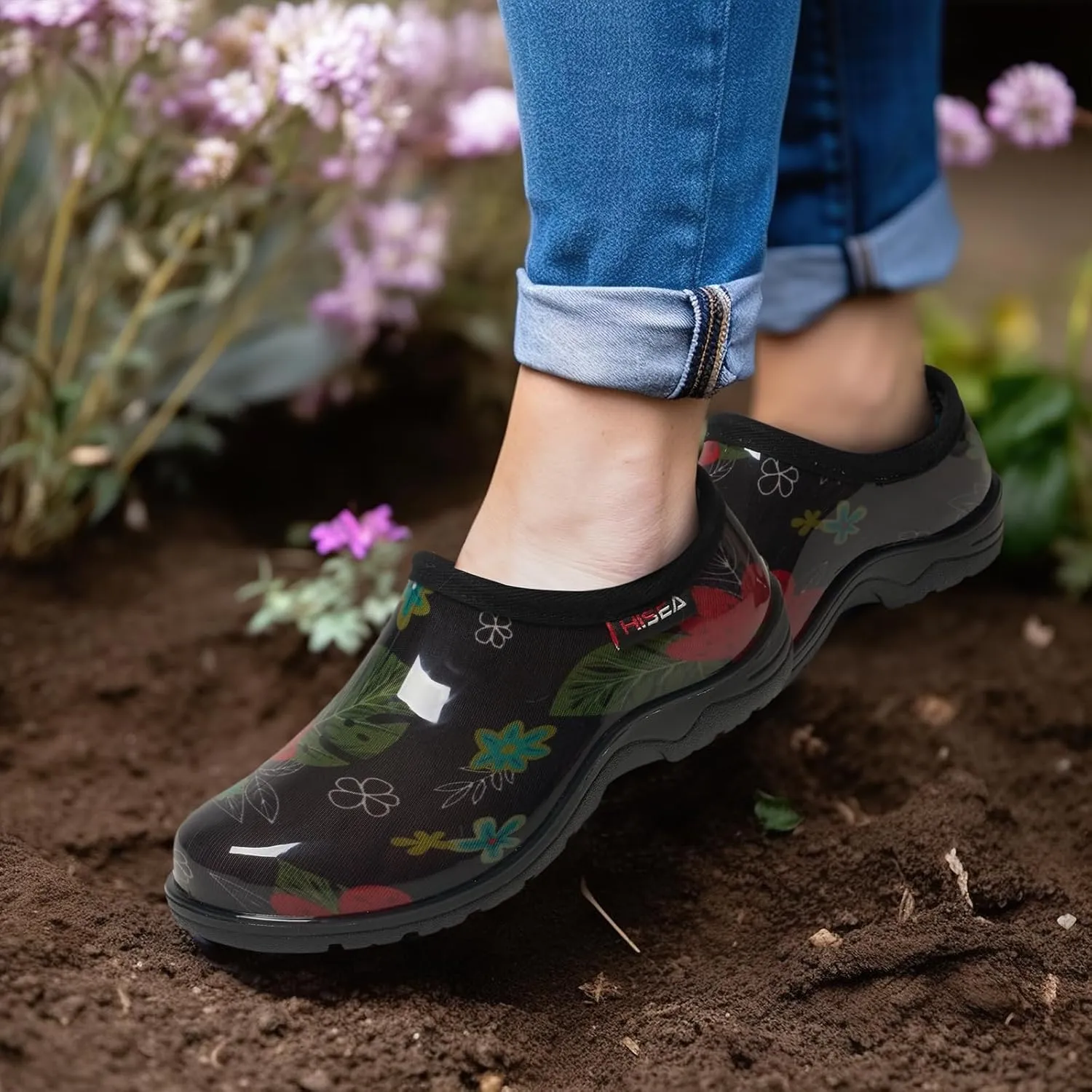 HISEA Waterproof Garden Shoe for Women Outdoor Slip-On Rain Boots Rubber Rain Shoes Short Ankle Booties and Garden Clogs with Comfort Insole