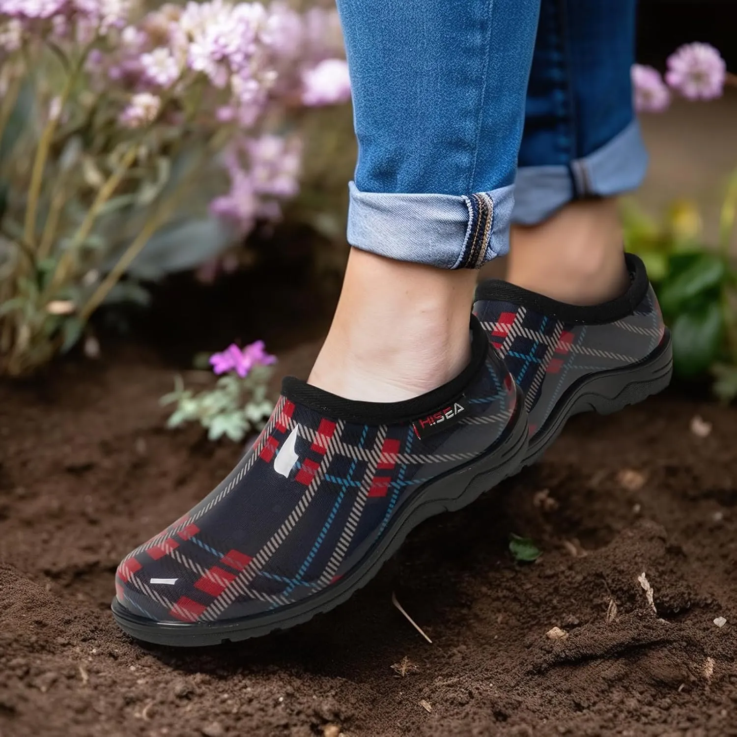 HISEA Waterproof Garden Shoe for Women Outdoor Slip-On Rain Boots Rubber Rain Shoes Short Ankle Booties and Garden Clogs with Comfort Insole