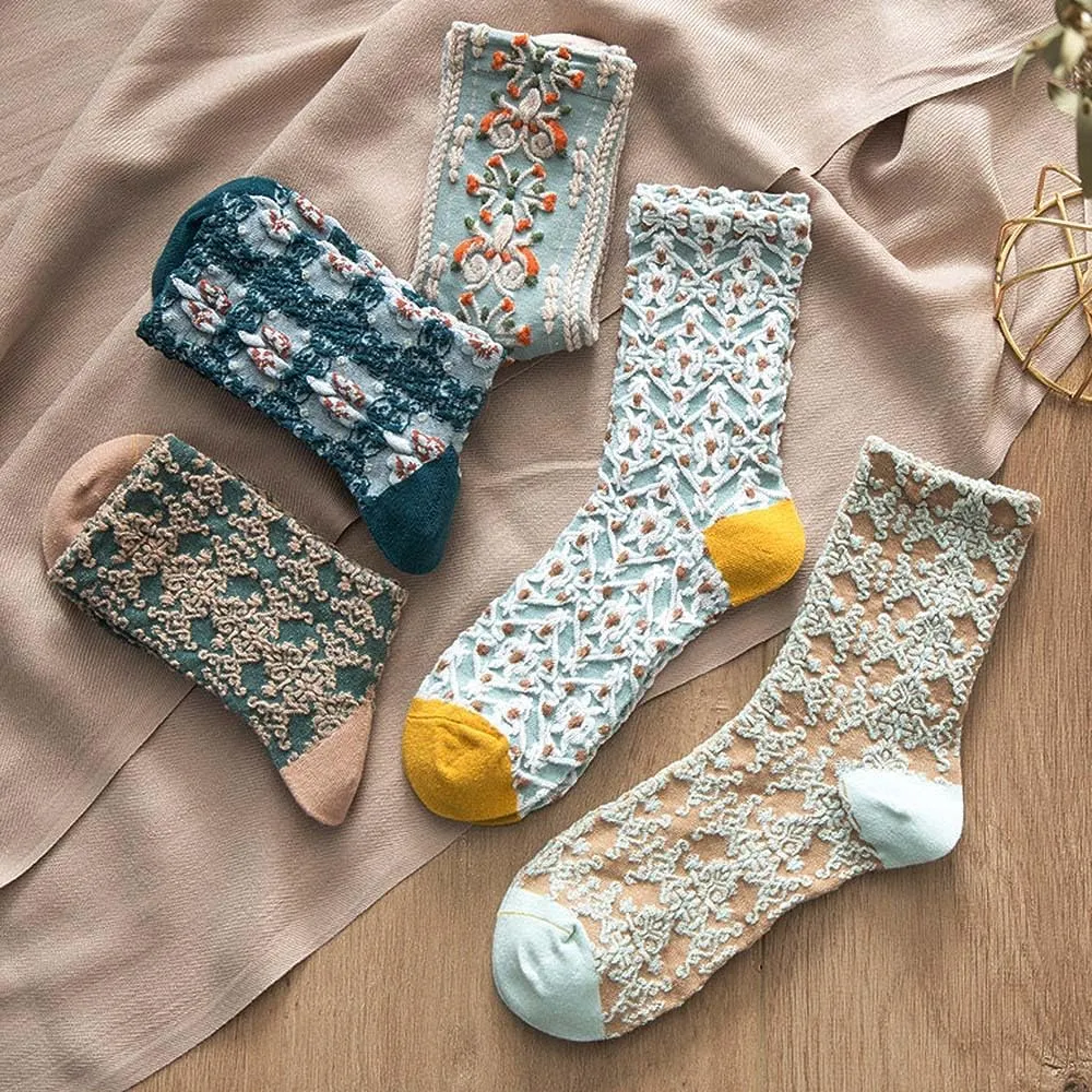 HOMSSEM Floral Crew Socks – 5Pair Flower Graphic Soft Cotton Socks for Women, Teen Girls – for Sandals, – Cute Vibrant Colors
