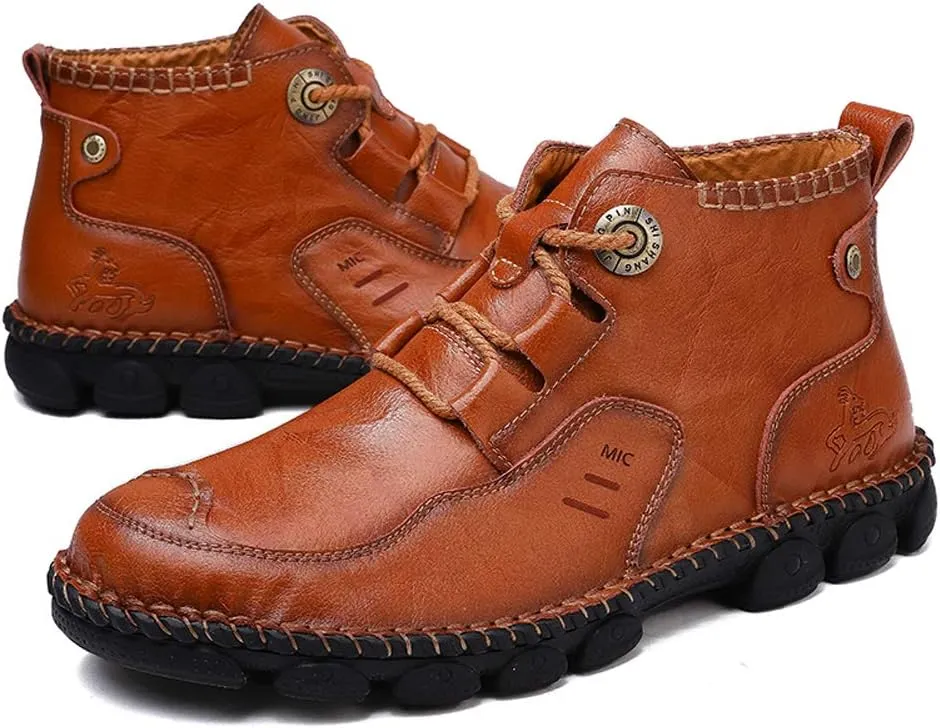 Honeystore Men's British Boots High-top Leather Motorcycle Shoes Lace-up Booties