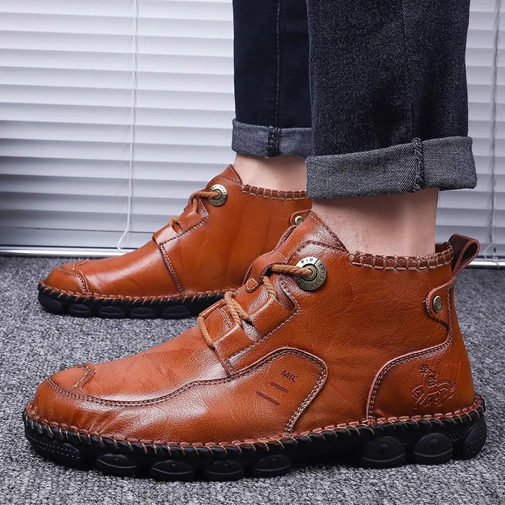 Honeystore Men's British Boots High-top Leather Motorcycle Shoes Lace-up Booties