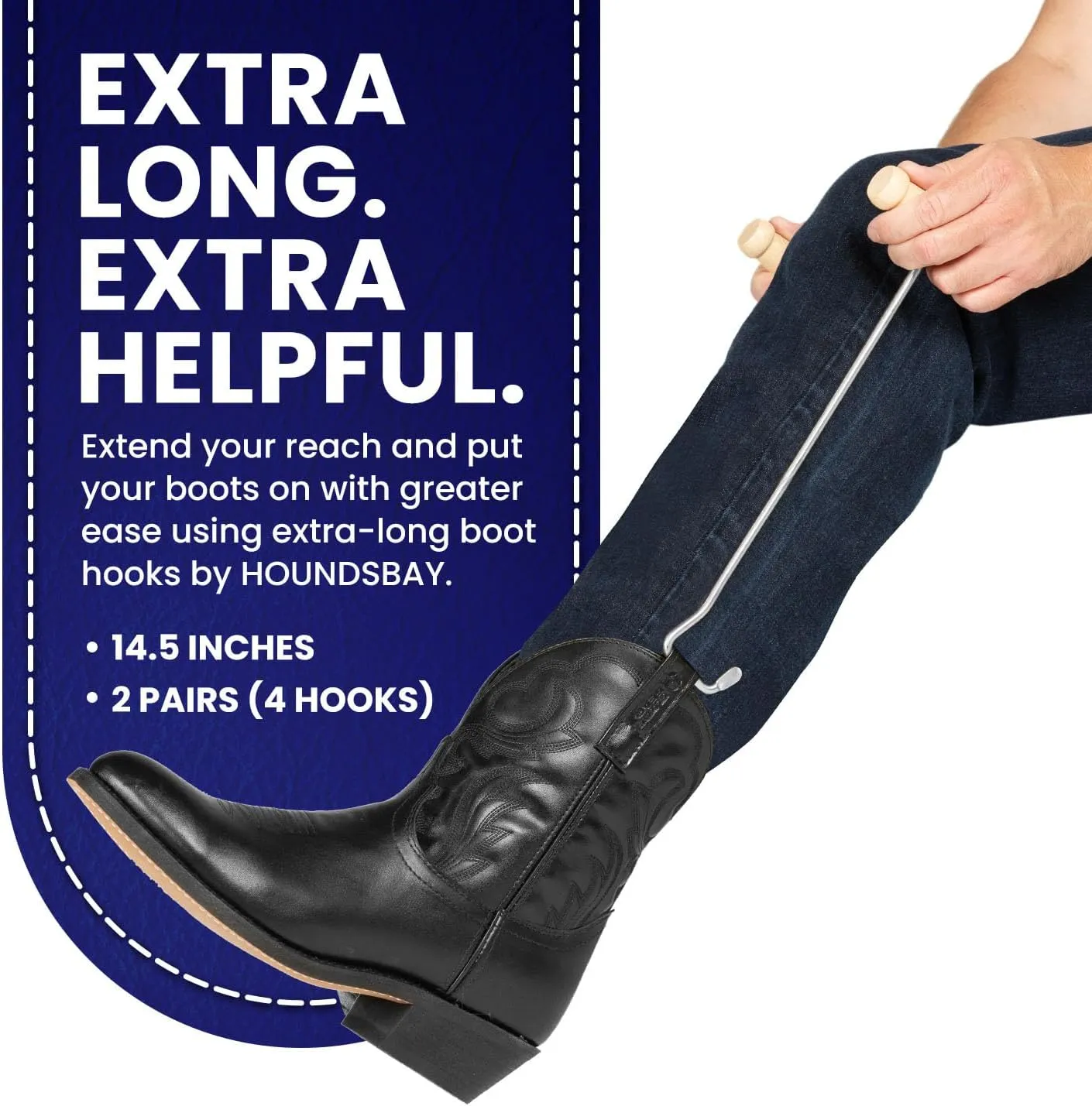 HOUNDSBAY Cowboy Boot Hooks for Men and Women - Boot Puller for Cowboy Boots with Long Handles