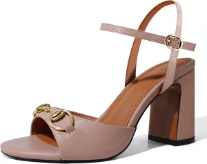 iadore Women Fashion High Block Heel Shoes Strappy with Buckle Fashion Studded Round Open Toe Summer Dress Sandals Size 5-12 US