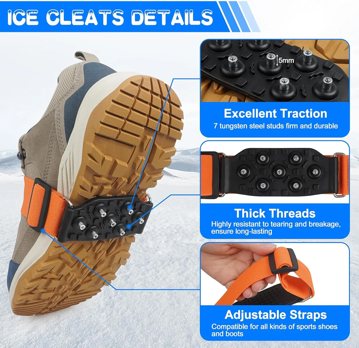 Ice Cleats Mid-Sole Snow Traction Cleats for Walking on Snow and Ice Anti-Slip Crampons with Adjustable Straps 7 Tungsten Studs Rotatable Non-Slip Crampons for Men Women Indoor/Outdoor