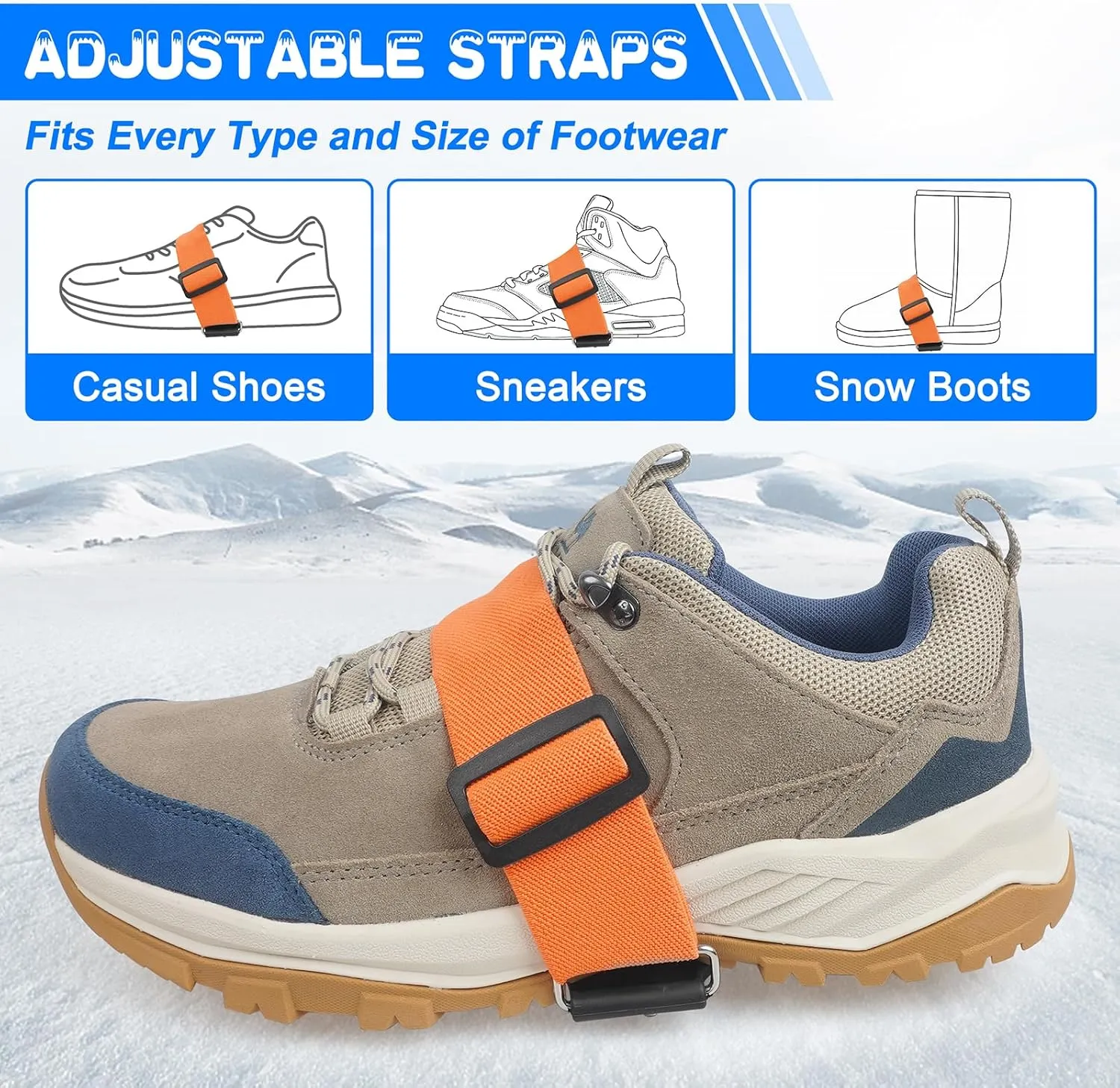 Ice Cleats Mid-Sole Snow Traction Cleats for Walking on Snow and Ice Anti-Slip Crampons with Adjustable Straps 7 Tungsten Studs Rotatable Non-Slip Crampons for Men Women Indoor/Outdoor