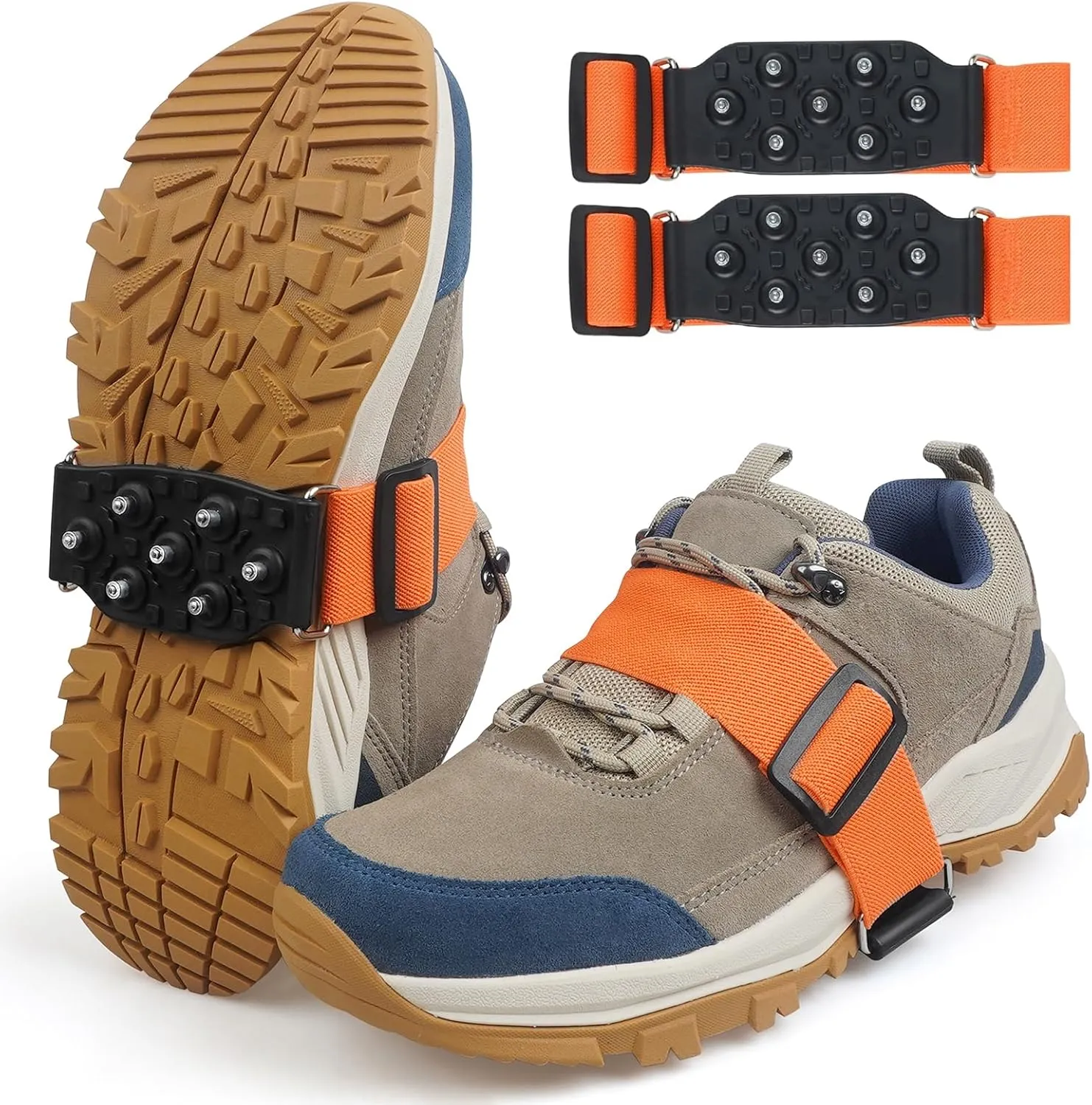 Ice Cleats Mid-Sole Snow Traction Cleats for Walking on Snow and Ice Anti-Slip Crampons with Adjustable Straps 7 Tungsten Studs Rotatable Non-Slip Crampons for Men Women Indoor/Outdoor