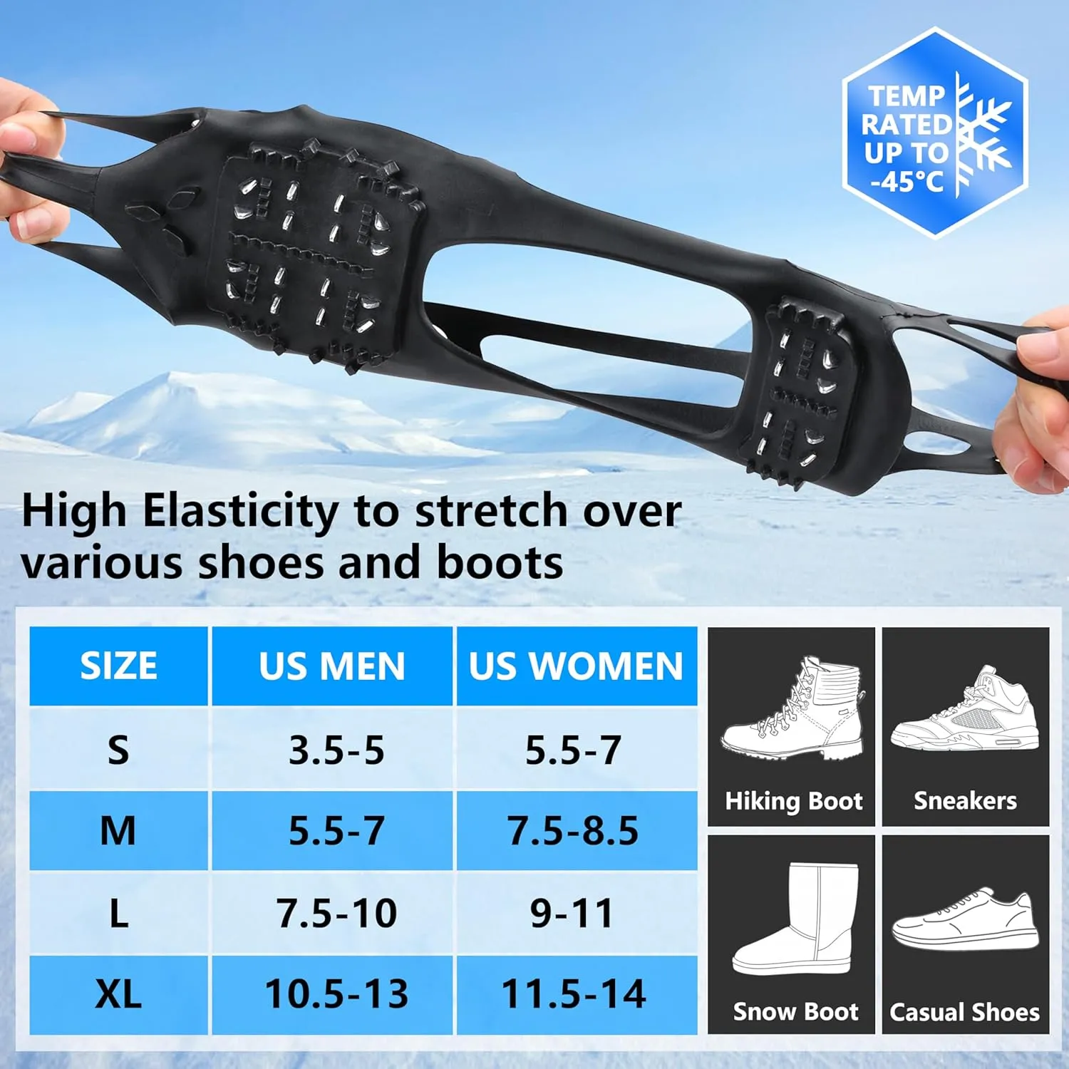 Ice Snow Cleats for Shoes Boots Walk Traction Cleats Crampons Anti Slip 24 Studs Ice Cleat Slip-on Stretch Footwear Grippers for Women Men Kids Walking on Snow Ice