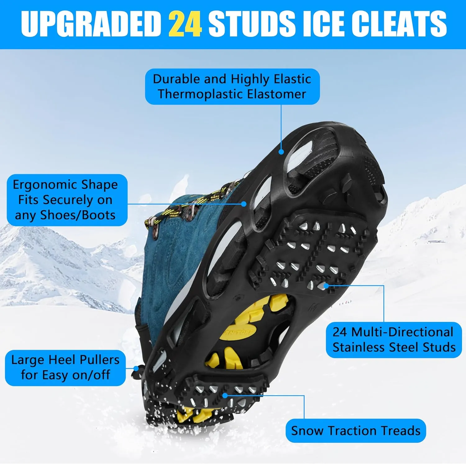 Ice Snow Cleats for Shoes Boots Walk Traction Cleats Crampons Anti Slip 24 Studs Ice Cleat Slip-on Stretch Footwear Grippers for Women Men Kids Walking on Snow Ice