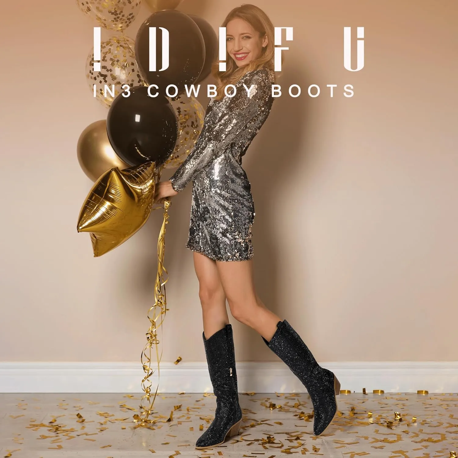 IDIFU IN3 Rhinestone Cowboy Boots For Women Knee High Western Cowgirl Boots Pointed Toe Block Chunky Heels Sparkly Glitter Long Tall Dress Booties Party Bling Shiny Boots