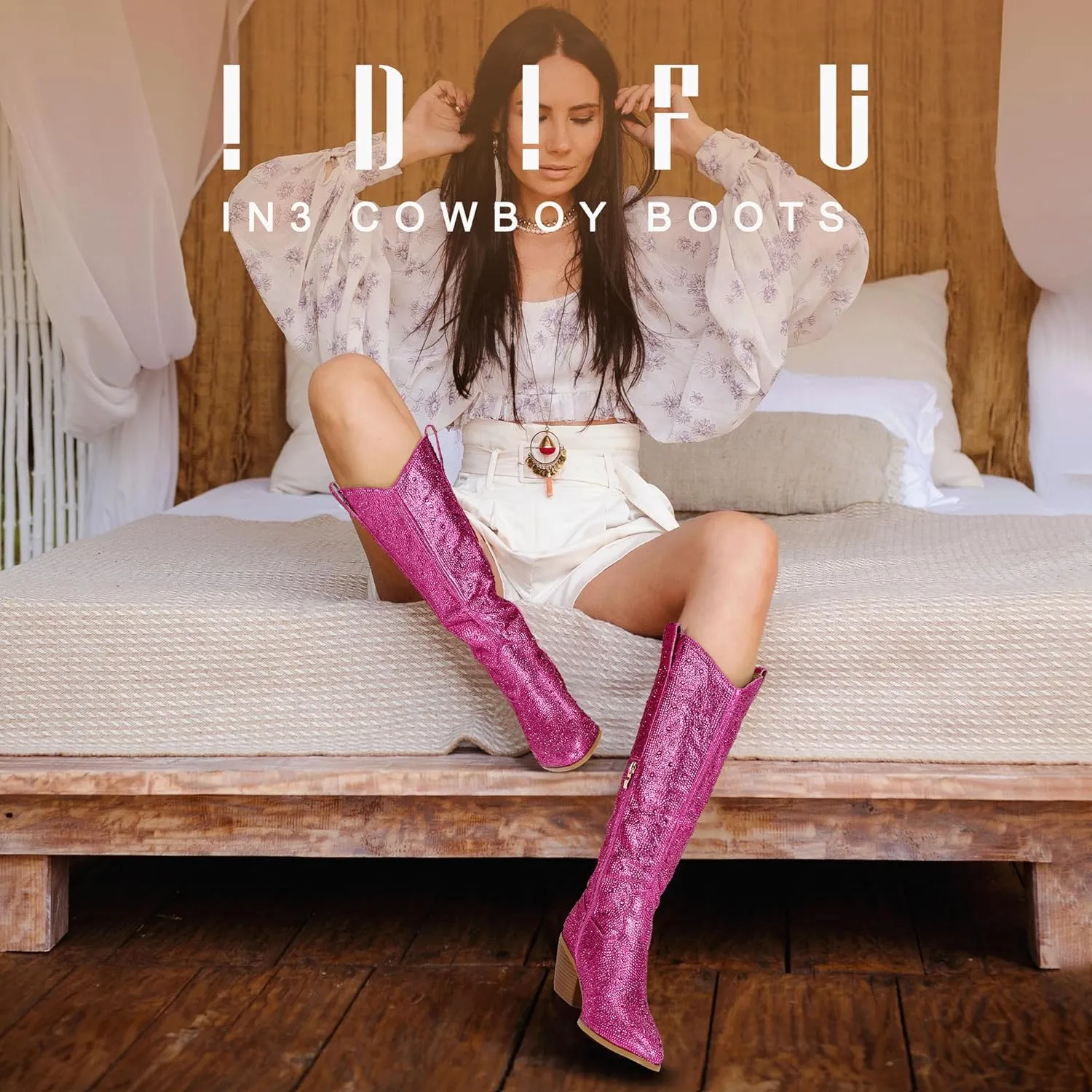 IDIFU IN3 Rhinestone Cowboy Boots For Women Knee High Western Cowgirl Boots Pointed Toe Block Chunky Heels Sparkly Glitter Long Tall Dress Booties Party Bling Shiny Boots