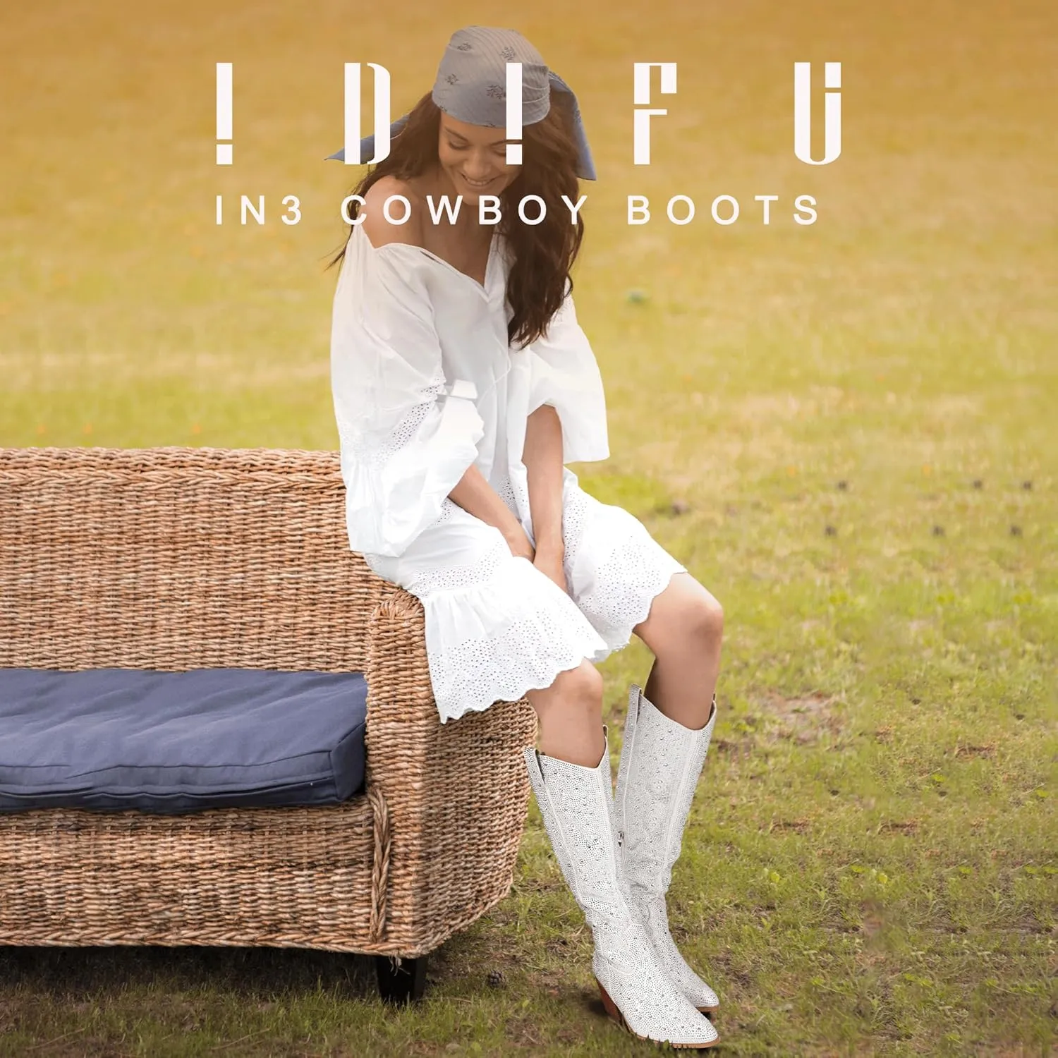 IDIFU IN3 Rhinestone Cowboy Boots For Women Knee High Western Cowgirl Boots Pointed Toe Block Chunky Heels Sparkly Glitter Long Tall Dress Booties Party Bling Shiny Boots