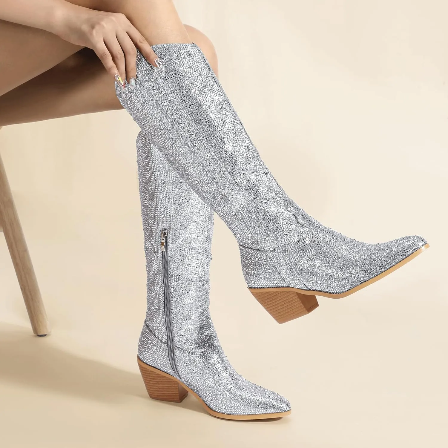 IDIFU IN3 Rhinestone Cowboy Boots For Women Knee High Western Cowgirl Boots Pointed Toe Block Chunky Heels Sparkly Glitter Long Tall Dress Booties Party Bling Shiny Boots