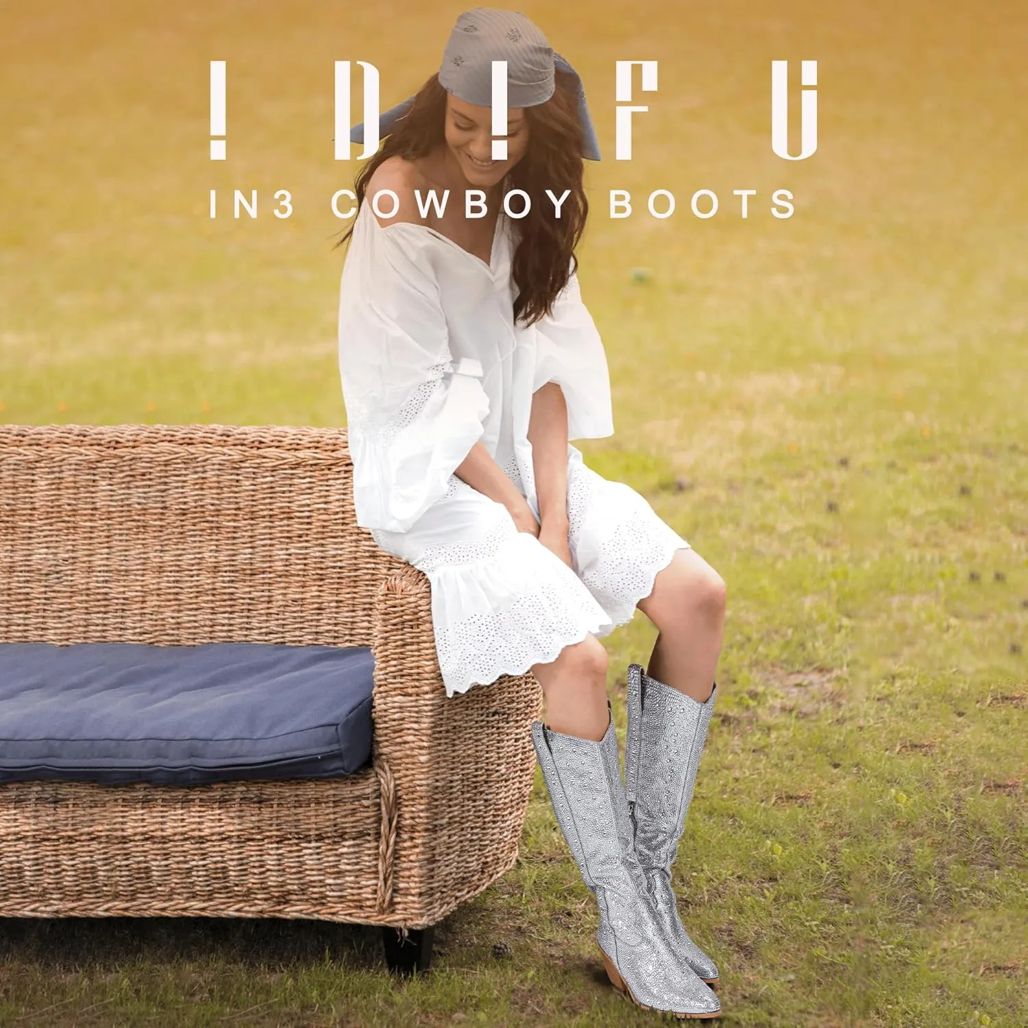 IDIFU IN3 Rhinestone Cowboy Boots For Women Knee High Western Cowgirl Boots Pointed Toe Block Chunky Heels Sparkly Glitter Long Tall Dress Booties Party Bling Shiny Boots
