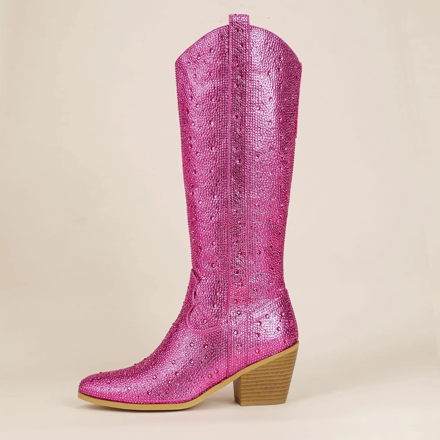 IDIFU IN3 Rhinestone Cowboy Boots For Women Knee High Western Cowgirl Boots Pointed Toe Block Chunky Heels Sparkly Glitter Long Tall Dress Booties Party Bling Shiny Boots