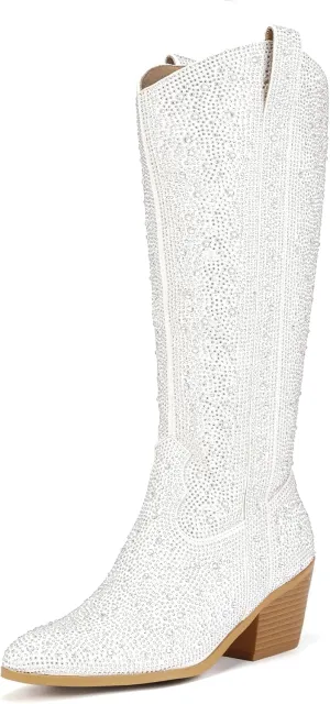 IDIFU IN3 Rhinestone Cowboy Boots For Women Knee High Western Cowgirl Boots Pointed Toe Block Chunky Heels Sparkly Glitter Long Tall Dress Booties Party Bling Shiny Boots