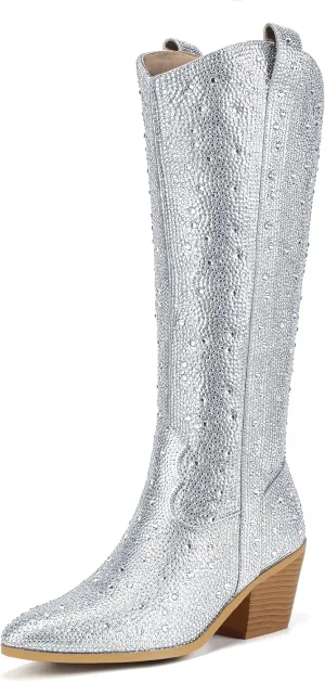 IDIFU IN3 Rhinestone Cowboy Boots For Women Knee High Western Cowgirl Boots Pointed Toe Block Chunky Heels Sparkly Glitter Long Tall Dress Booties Party Bling Shiny Boots