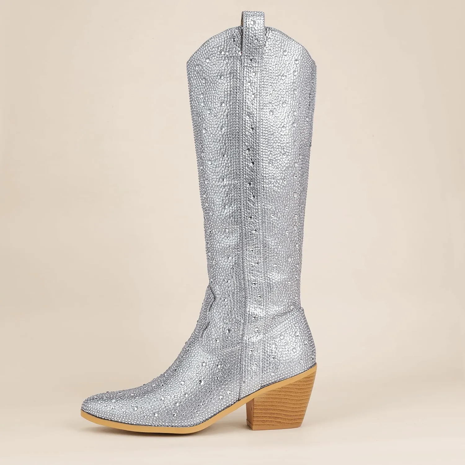 IDIFU IN3 Rhinestone Cowboy Boots For Women Knee High Western Cowgirl Boots Pointed Toe Block Chunky Heels Sparkly Glitter Long Tall Dress Booties Party Bling Shiny Boots