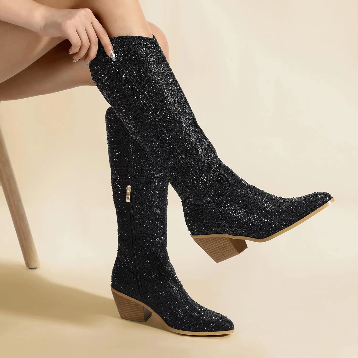 IDIFU IN3 Rhinestone Cowboy Boots For Women Knee High Western Cowgirl Boots Pointed Toe Block Chunky Heels Sparkly Glitter Long Tall Dress Booties Party Bling Shiny Boots
