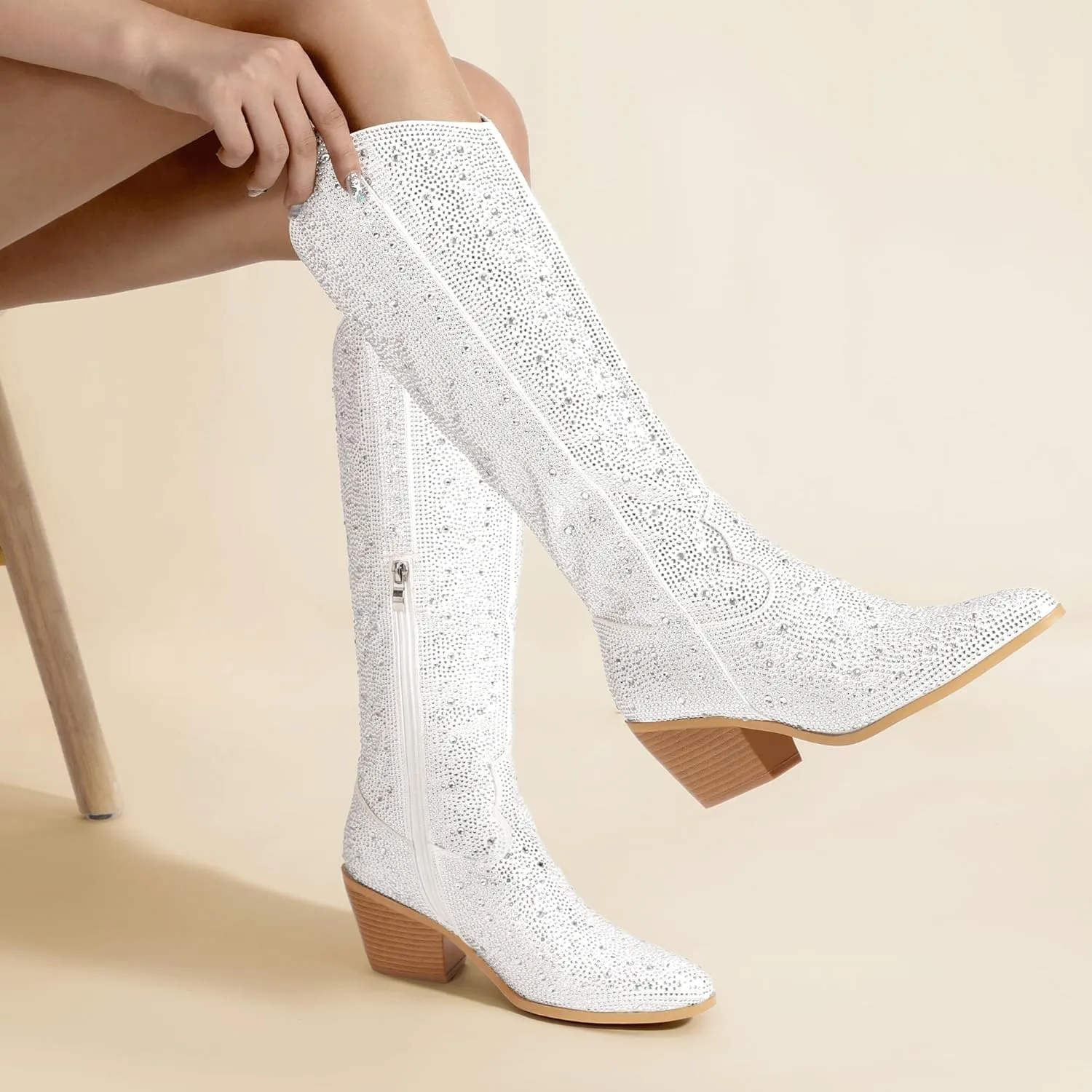 IDIFU IN3 Rhinestone Cowboy Boots For Women Knee High Western Cowgirl Boots Pointed Toe Block Chunky Heels Sparkly Glitter Long Tall Dress Booties Party Bling Shiny Boots